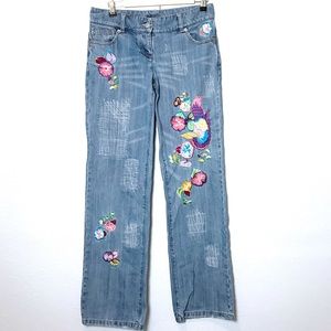 Sisley Straight Leg Jeans Distressed Embroidered